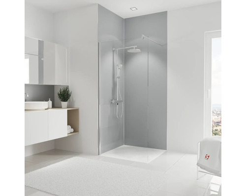 Duschrückwand Set SCHULTE Farbe Hellgrau 255 x 90 cm D1900915 679 Badezimmer mit Dusche, Waschtisch, Spiegel und Teppich für ein helles und modernes Ambiente