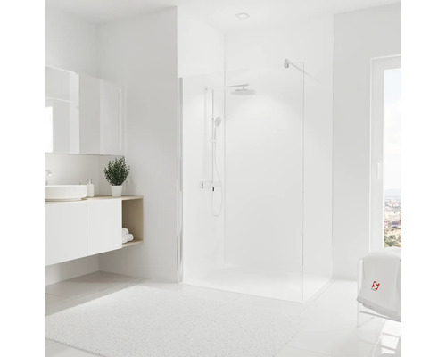Duschrückwand Set SCHULTE Farbe Weiß 255 x 90 x 120 cm D1900916 04 Helles Badezimmer mit Dusche, Waschbecken und Spiegel