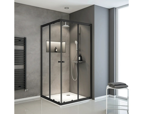 Eckeinstieg SCHULTE Sunny ExpressPlus 75 - 90 cm Profilfarbe schwarz Klarglas Begehbare Duschkabine mit Regendusche, Handbrause, Ablage und integrierter Nische im modernen Badezimmer.