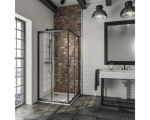 Badezimmer mit Duschkabine, Waschtisch und Spiegel im Industrial Design