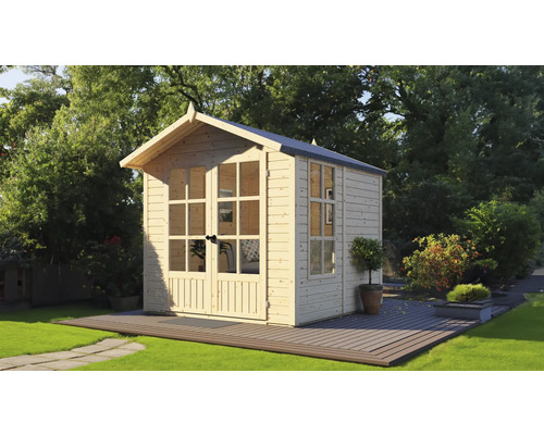 Gartenhaus mit Fenstern und Doppeltür im Garten.