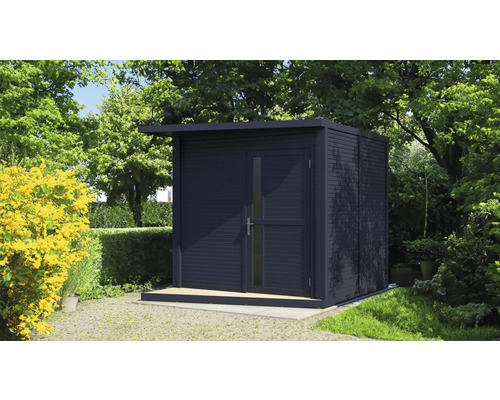 Gartenhaus mit Flachdach und Tür in einem begrünten Garten