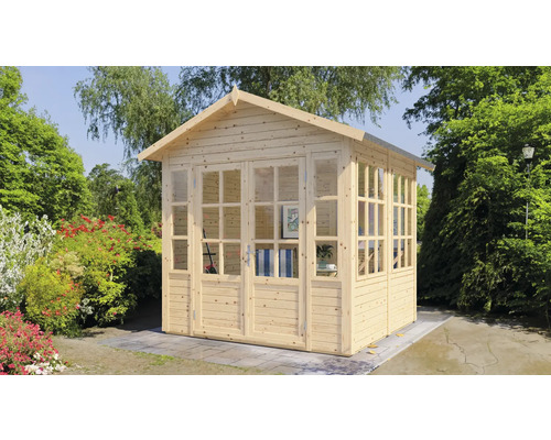 Gartenhaus aus Holz mit Fenstern und Doppeltür im Garten