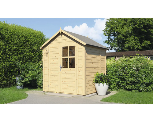 Holzgartenhaus mit Fenster und Doppeltür im Garten