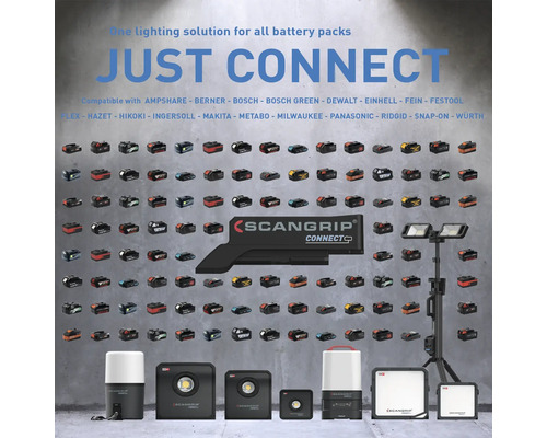 ScanGrip Connect System mit verschiedenen Akku-Kompatibilitäten und Beleuchtungslösungen.