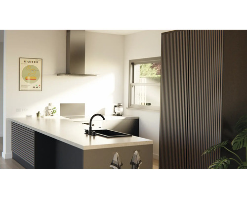 Helle Küche mit Kochinsel, Spüle, Dunstabzugshaube und Vorratsschrank