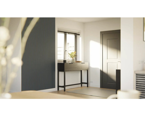 Heller Eingangsbereich mit Konsole, Dekoration und Wandpaneelen für ein modernes Ambiente