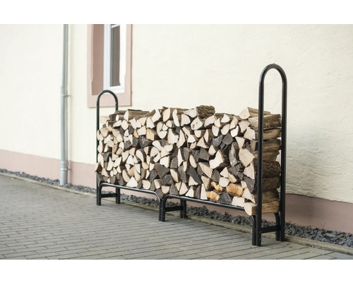 Kaminholzstapelhilfe ShelterLogic Stahl inkl. Abdeckung 244 x 25 x 118 cm schwarz Holzlagerregal gefüllt mit Brennholz