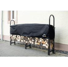 Holzlagerregal mit Brennholz und Abdeckung. ShelterLogic Logo