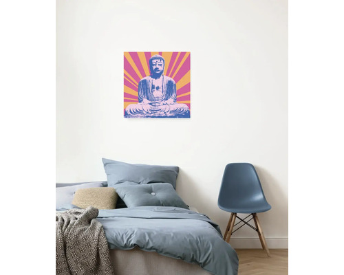 Schlafzimmer mit Wandbild eines Buddhas