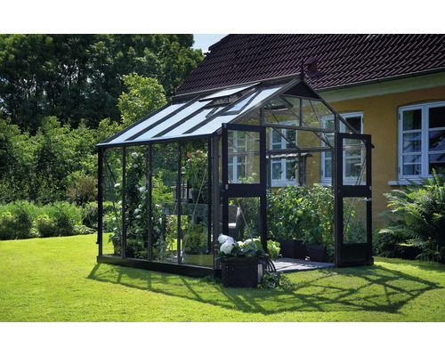 Gewächshaus JULIANA Premium 8,8 m² Sicherheitsglas 3 mm inkl. Fundament 296 x 296 cm anthrazit