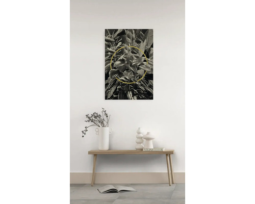 Wandbild mit Pflanzenmotiv und goldenem Kreis, Dekoration im Raum