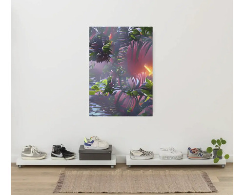 Dekorative Leinwand mit Pflanzenmuster, Schuhregale und eine Auswahl an Schuhen in einem Raum