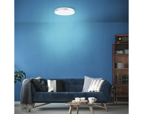 Wohnzimmer mit Deckenleuchte, Sofa, Tisch und Regal