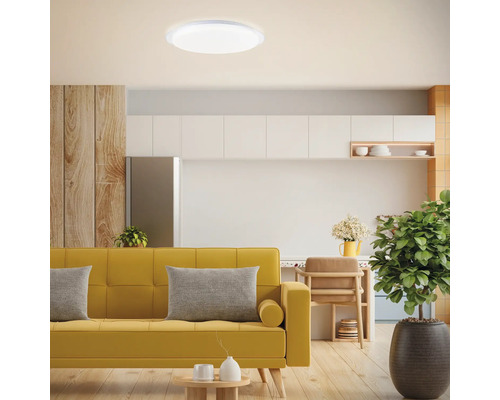 Wohnraum mit gelbem Sofa und runder Deckenleuchte