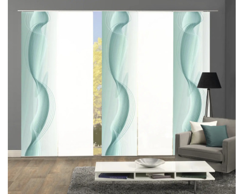 Wohnzimmer mit Schiebegardinen mit Wellenmuster