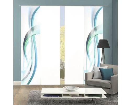 Dekoratives Schiebeelement mit abstraktem Wellenmuster im Wohnzimmer