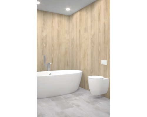 Badezimmer mit freistehender Badewanne und Wand-WC vor Holzwand