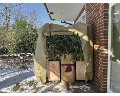Winterlandschaft mit Pflanzkübeln und Pflanzen-Winterschutzhaube