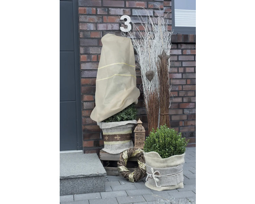 Dekorative Pflanzarrangements mit Pflanzgefäßen, Winterschutzhaube, Zierkranz und Zierobjekten vor einer Haustür.