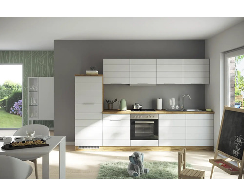 Held Möbel Küchenzeile mit Geräten Florenz 300 cm Frontfarbe weiß matt Korpusfarbe eiche hell zerlegt