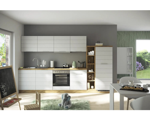 Held Möbel Küchenzeile mit Geräten Florenz 330 cm Frontfarbe weiß matt Korpusfarbe eiche hell zerlegt