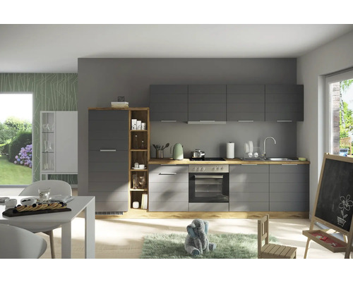 Held Möbel Küchenzeile mit Geräten Florenz 330 cm Frontfarbe grau matt Korpusfarbe eiche hell zerlegt