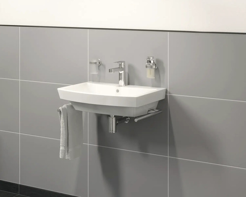 Hängewaschbecken mit Armatur, Seifenspender, Becherhalter und Handtuch