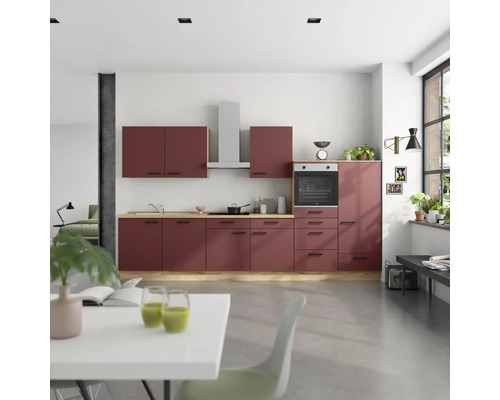 NOBILIA Küchenzeile mit Geräten Urban 360 cm Frontfarbe rostrot matt Korpusfarbe eiche sierra Variante rechts