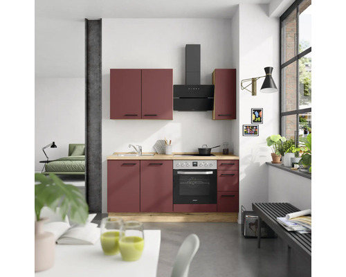 Moderne Küche mit Spüle, Elektroherd, Dunstabzugshaube und bordeauxroten Schränken