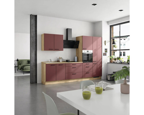 Einbauküche mit Dunstabzugshaube, Spüle, Backofen und Schränken in modernem Design
