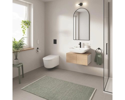 Modernes Badezimmer mit Toilette, Waschbecken, Spiegel und Teppich