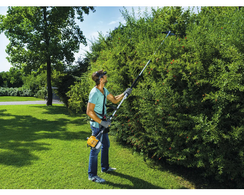 Eine Person beschneidet eine Hecke mit einer Heckenschere.
