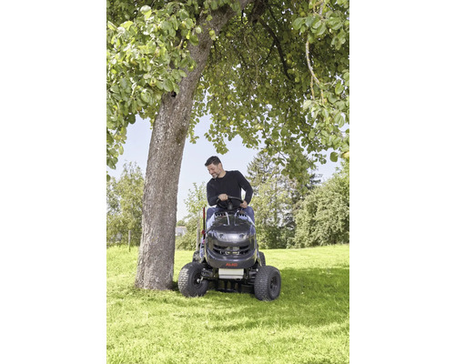 Mann fährt Rasentraktor auf einer Wiese um einen Baum herum.