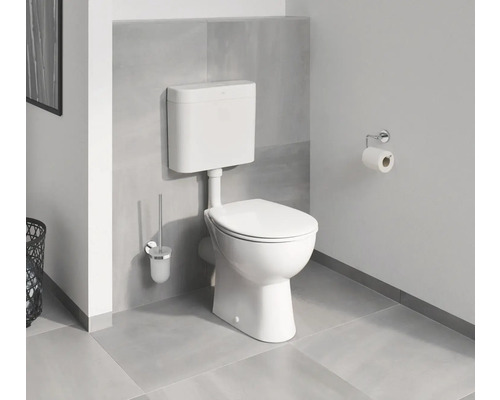 Weisses Stand-WC mit Aufputzspülkasten, Toilettenbürste und Toilettenpapierhalter im Badezimmer