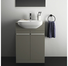 Modernes Badezimmer mit Waschtischunterschrank, Aufsatzwaschbecken, Armatur, Handtuchring und Spiegel