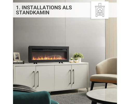 Elektrischer Kamin als Standkamin im Wohnzimmer auf einem Sideboard