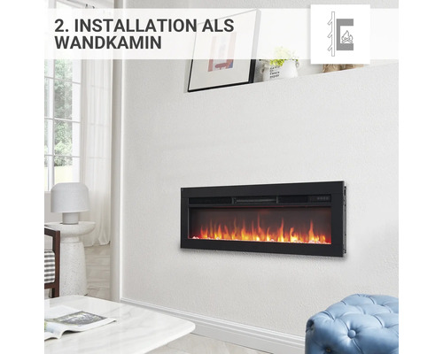 Wandkamin Installation in einem Wohnzimmer mit modernem Design.