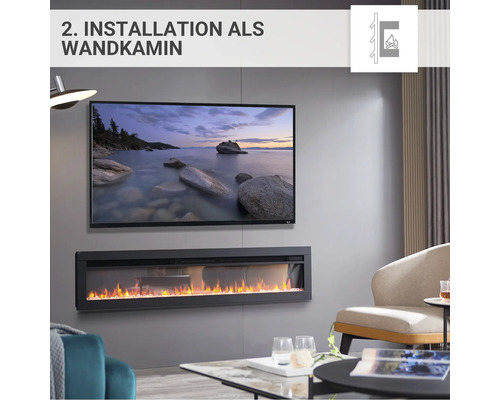 Wohnzimmer mit Wandkamin unter einem Fernseher.