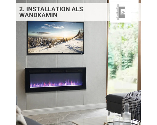 Wohnzimmer mit an der Wand montiertem Elektrokamin unter einem Fernseher.