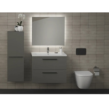 Modernes Badezimmer mit Waschbeckenunterschrank, Spiegelschrank mit Beleuchtung und hängendem WC