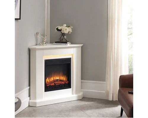 Elektrischer Eckkamin in Weiß mit simulierten Flammen für Wohnräume