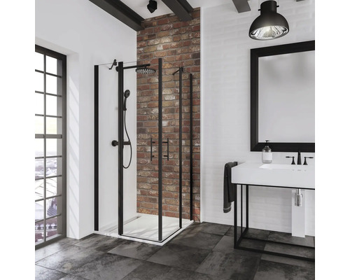 Eckeinstieg mit Drehtür SCHULTE Alexa Style 2.0 ExpressPlus 90 x 90 cm Profil schwarz Klarglas schmutzabweisende Glasbeschichtung Türanschlag links Türanschlag rechts Modernes Badezimmer mit schwarzem Duschabtrennung, Waschbecken und Spiegel vor Ziegelwand