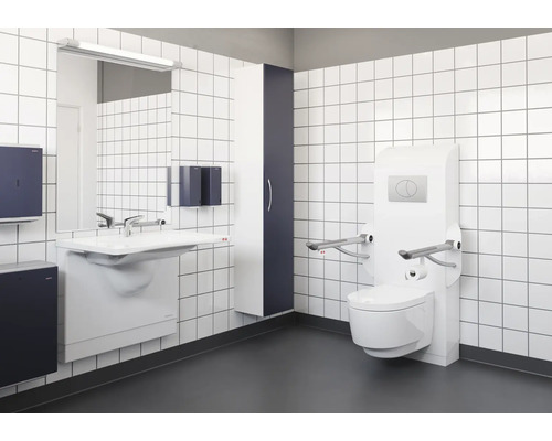 Barrierefreies Badezimmer mit Waschtisch, Toilette und Haltegriffen für Senioren und Menschen mit eingeschränkter Mobilität.