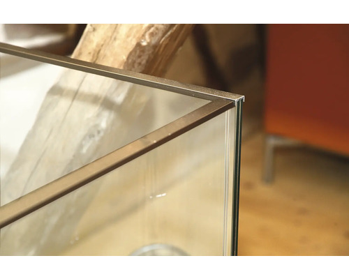 Detailansicht eines Terrariums mit Metallrahmen und Glaswänden