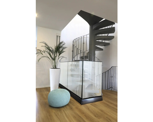 Innenaufnahme eines Wohnraums mit Wendeltreppe, Pflanze in einem hohen Pflanzgefäß, Bodenbelag und einem Sitzkissen.