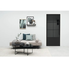 Wohnzimmer mit Sofa, Couchtisch und schwarzer Innentür mit Glaseinsatz