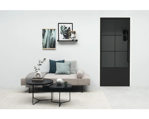 Wohnzimmer mit Sofa, Couchtisch und schwarzer Innentür mit Glaseinsatz