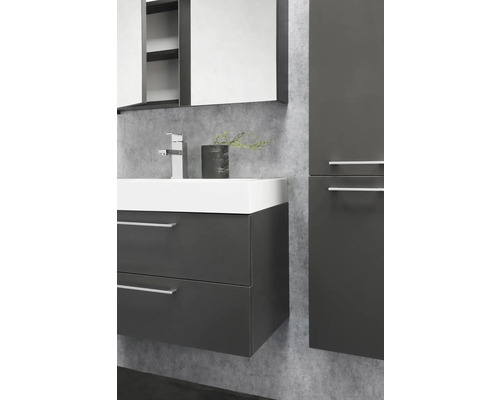 Badezimmer mit Waschbeckenunterschrank, Spiegelschrank und Hochschrank