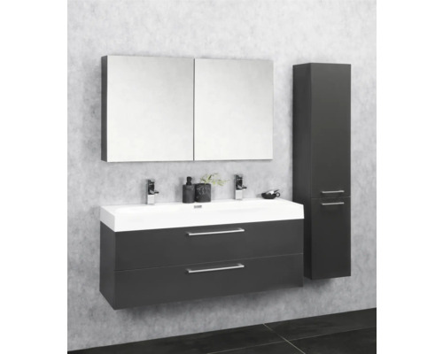 Badezimmerensemble mit Waschtischunterschrank, Aufsatzwaschbecken, Spiegelschrank und Hochschrank